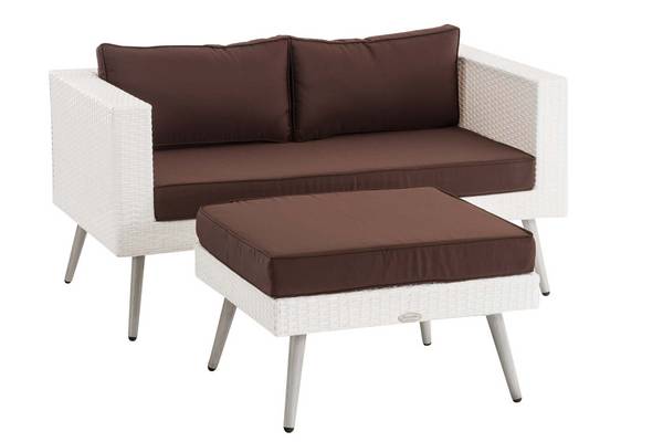 2er Sofa Molde mit Fußhocker Flachrattan weiß 45 cm (Hellgrau) terrabraun