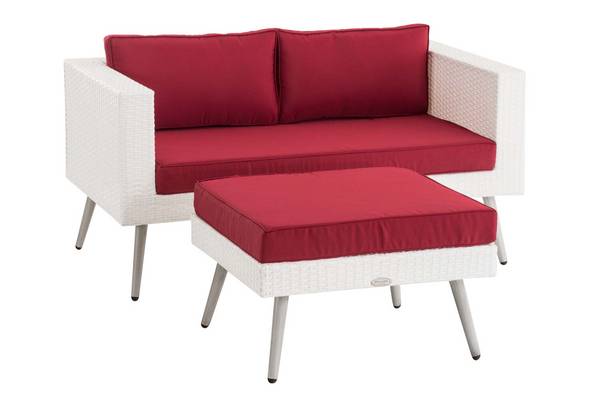 2er Sofa Molde mit Fußhocker Flachrattan weiß 45 cm (Hellgrau) rubinrot