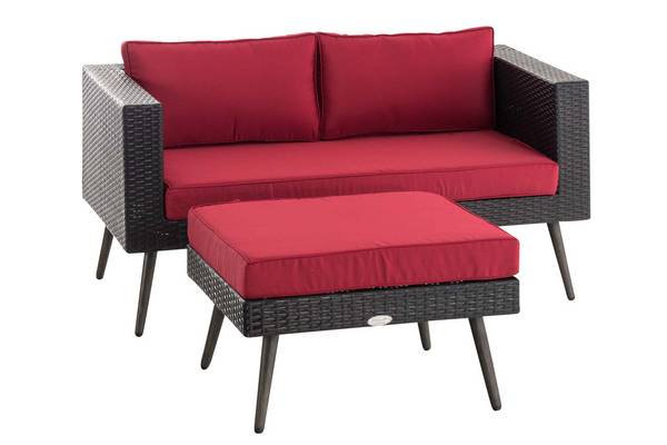 2er Sofa Molde mit Fußhocker Flachrattan schwarz 40 cm (Dunkelgrau) rubinrot