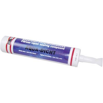 'Tube mit blauer Beschriftung: Aqua-Dicht, Reparatur-Faserdichtmasse, dichtet sofort auch unter Wasser.'