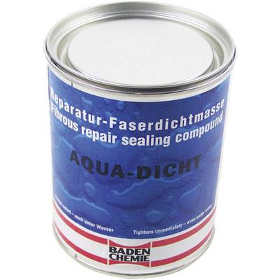 Dose mit der Aufschrift 'Reparatur-Faserdichtmasse AQUA-DICHT'. Produkt zur sofortigen Reparatur, auch unter Wasser.