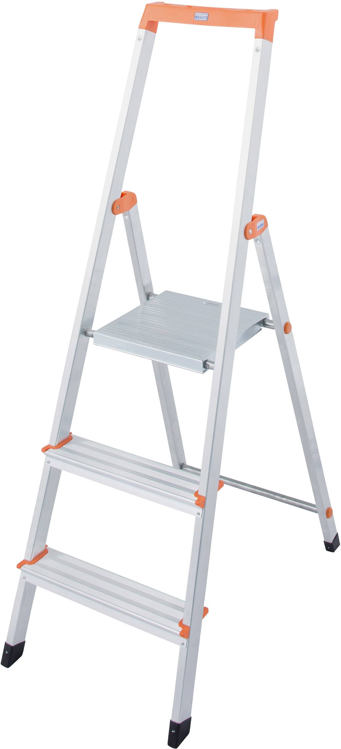 Aluminium-Klapptritt mit drei Stufen und orangefarbenen Details. Ideal für Hausarbeiten oder Reparaturen in der Höhe.