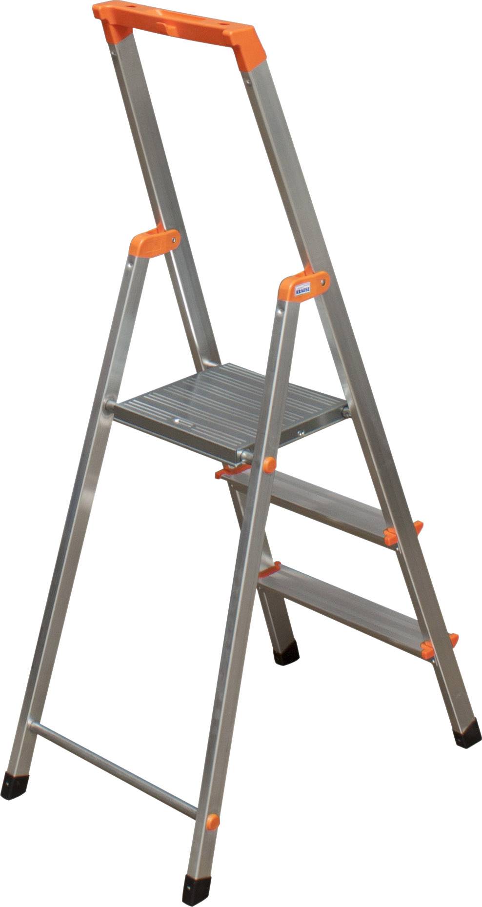 Eine Aluminium-Trittleiter mit drei Stufen und orangenen Griffen und Kappen.