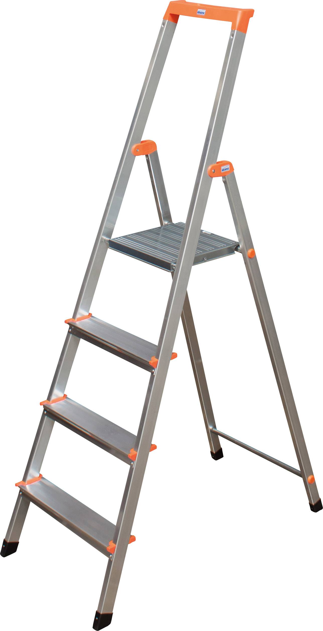 Aluminium-Klapptrittleiter mit vier Stufen, graue Oberfläche und orangefarbene Details, für den Innenbereich.