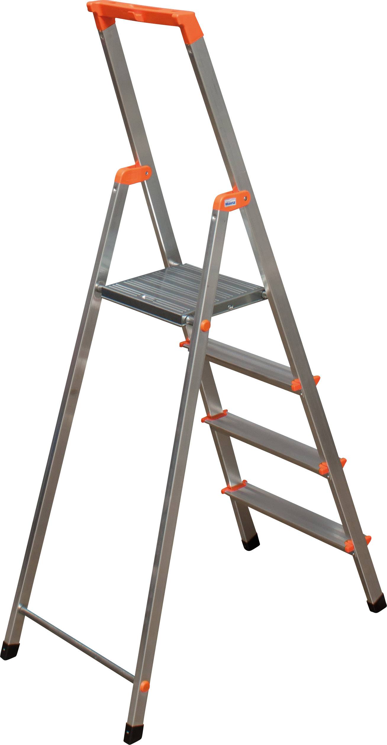 Eine metallene Klappleiter mit vier Stufen und orangenen Griff- und Gelenkstücken, stehend vor weißem Hintergrund.