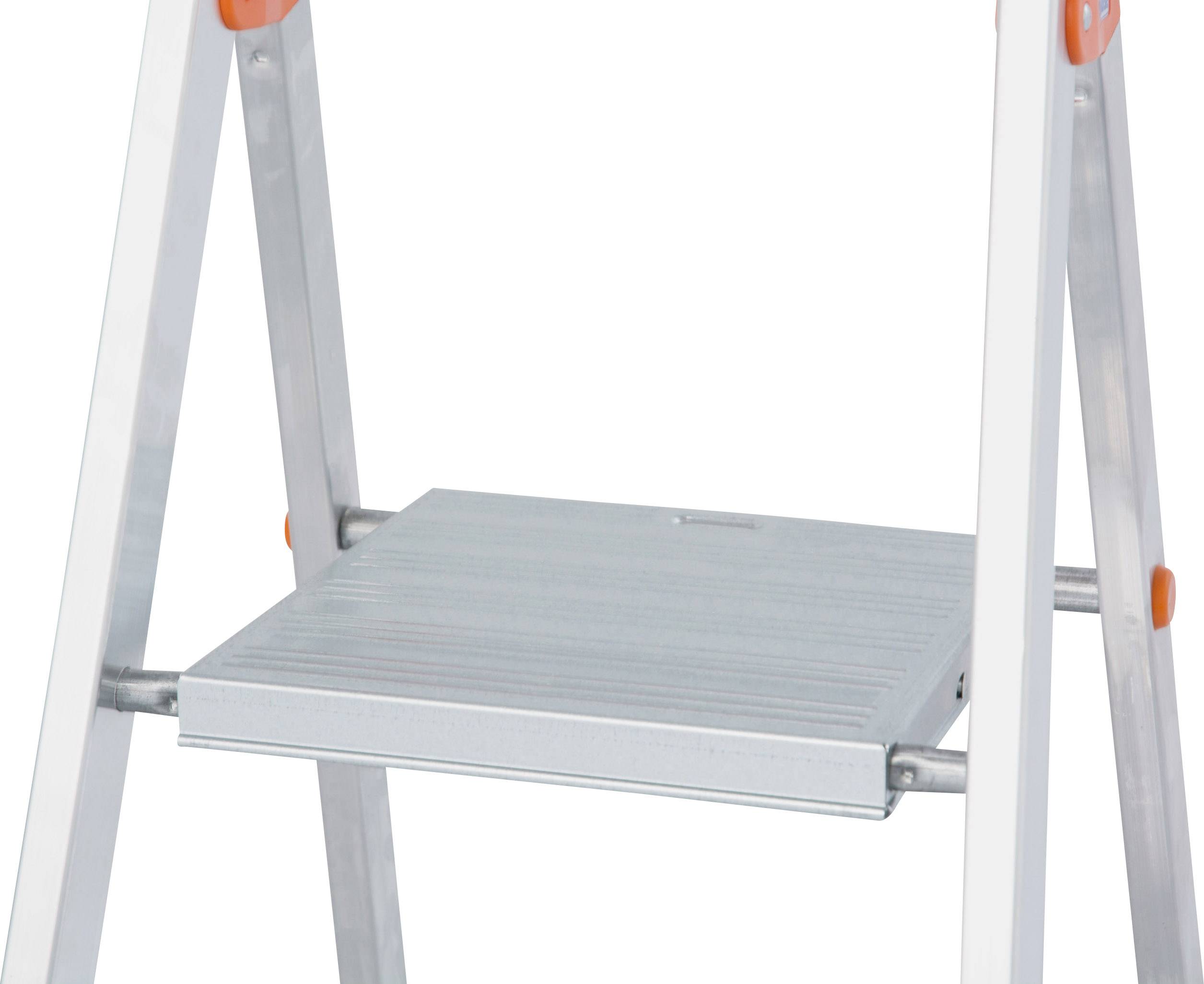 Klappbare Aluminiumleiter mit breiter Trittfläche und orangenen Details. Ideal für den Heimgebrauch bei kleinen Reparaturen oder Arbeiten.