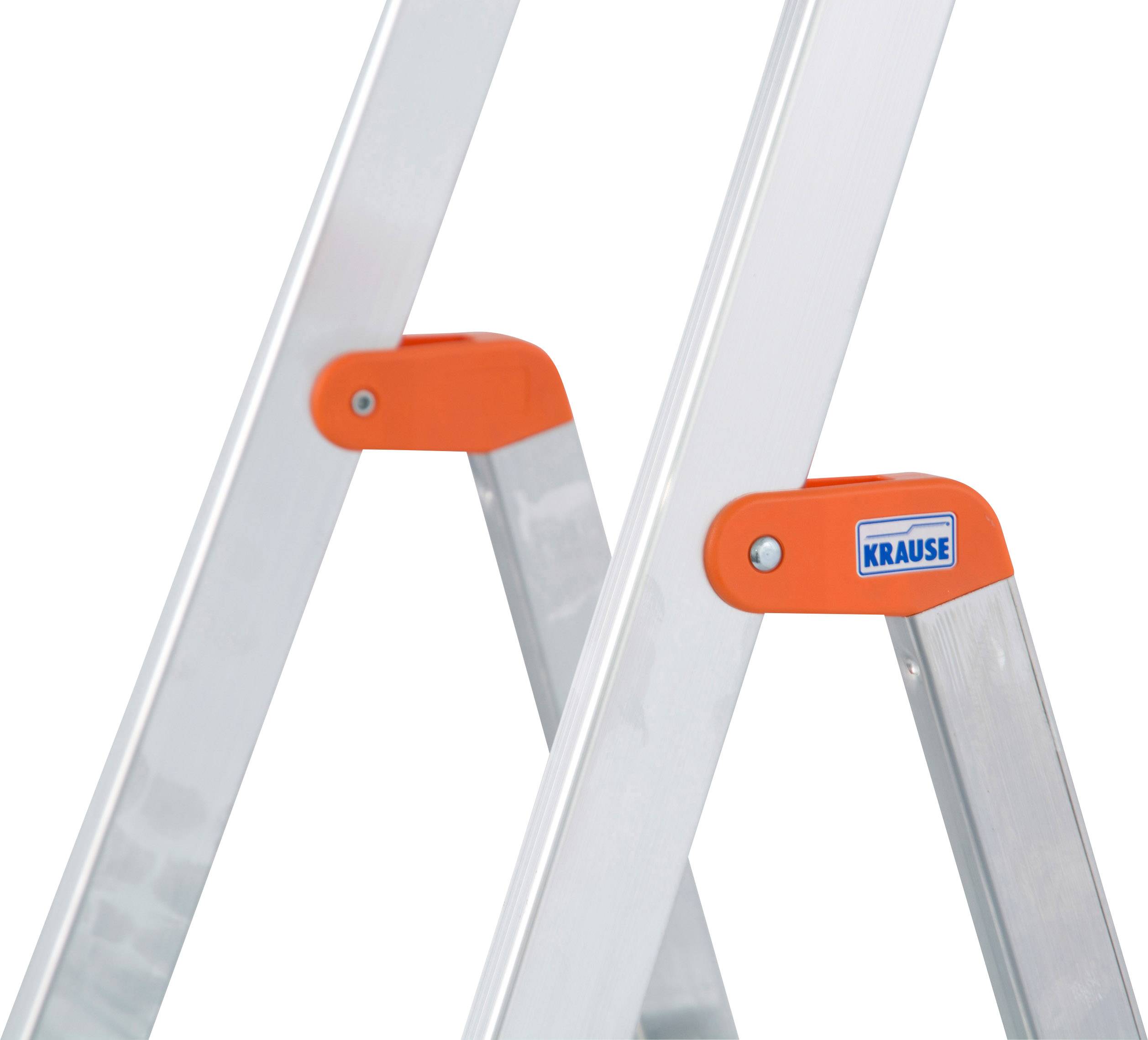 Ein Teil einer Leiter aus Aluminium mit orangefarbenen Gelenken ist sichtbar. Auf einem Gelenk befindet sich das 'Krause'-Logo.