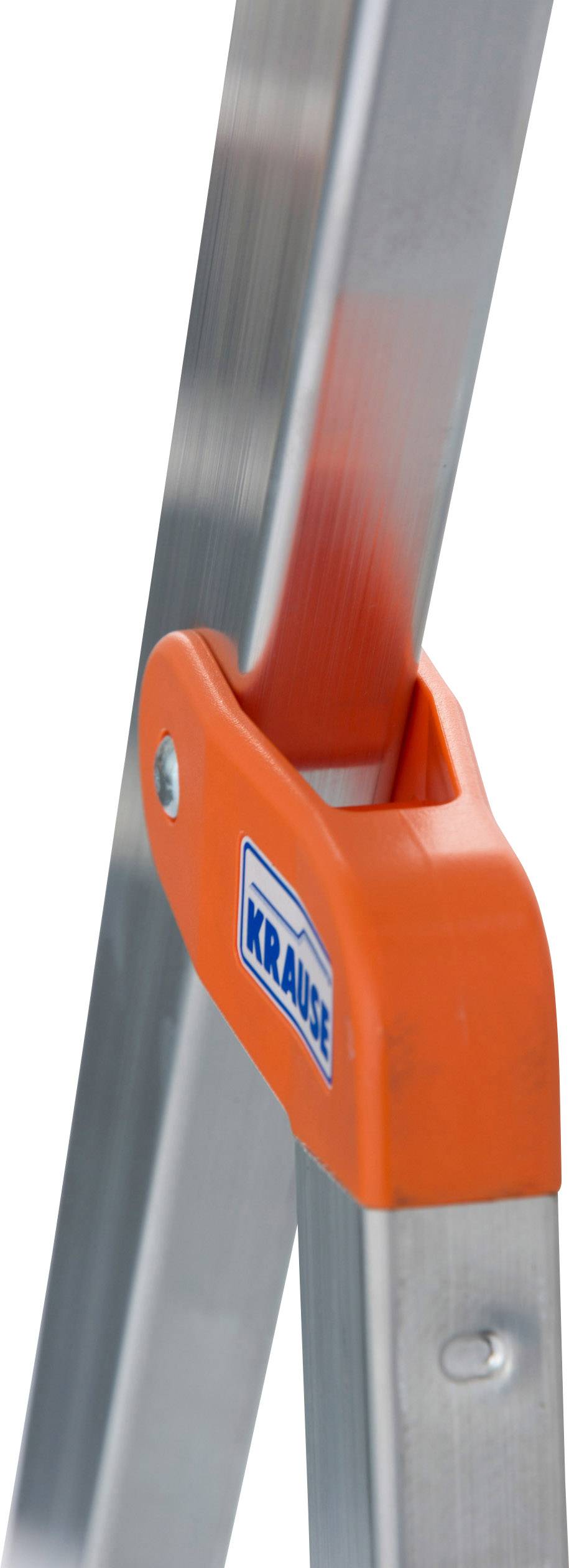 Nahaufnahme eines Teils einer Aluminiumleiter mit einer orangefarbenen Kunststoffverbindungskomponente.