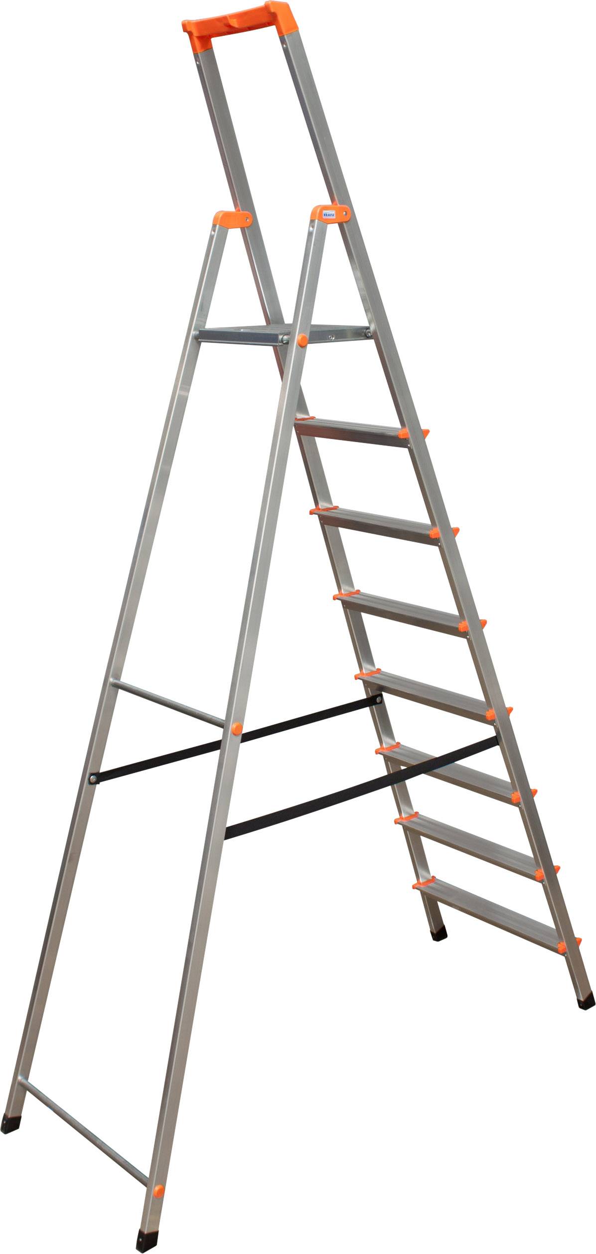 Aluminiumleiter mit acht Stufen und orangen Akzenten. Freistehend und zusammenklappbar, geeignet für Haushalts- oder Gewerbezwecke.