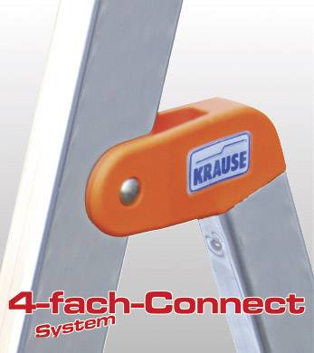Aluminiumleiter mit orangem Scharnier, beschriftet mit 'Krause', zeigt das 4-fach-Connect System zur Stabilität und Sicherheit.