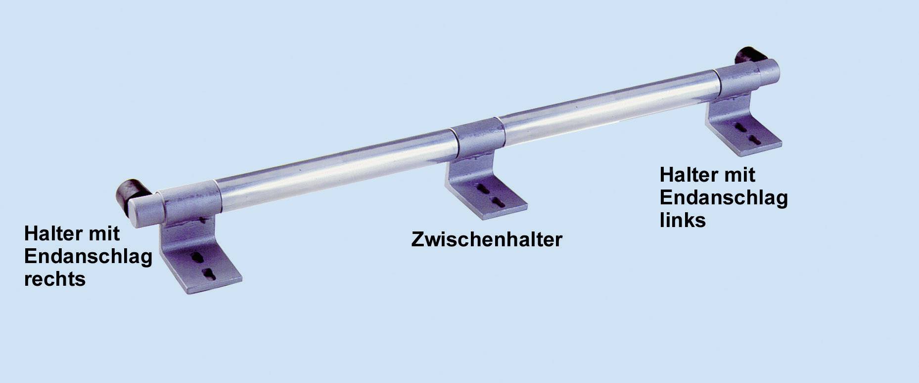Metallstange mit drei Haltern auf hellblauem Hintergrund: 'Halter mit Endanschlag rechts', 'Zwischenhalter', 'Halter mit Endanschlag links'.