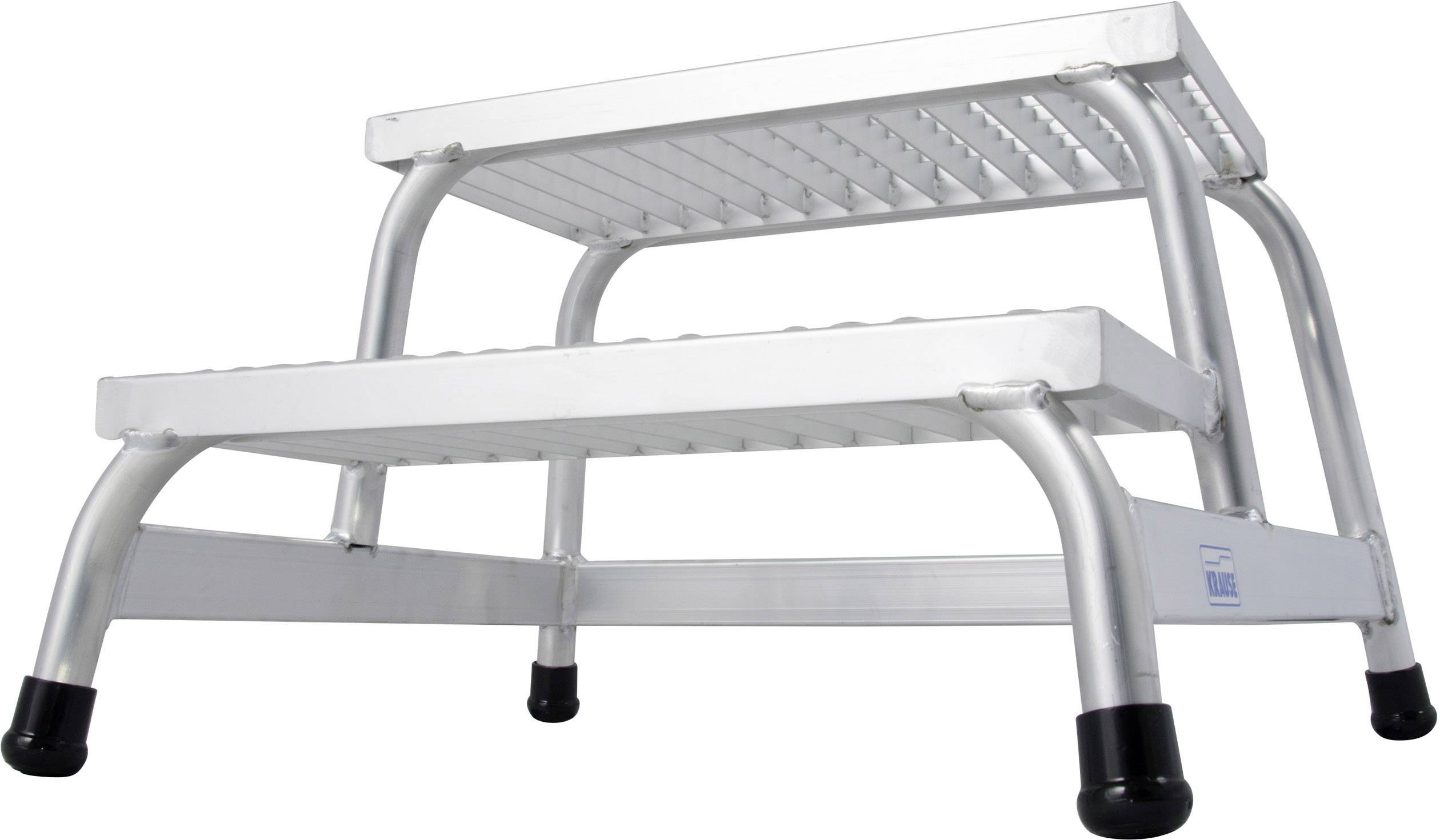 Zweistufiger silberner Tritthocker. Robustes Design mit rutschfesten Füßen. Geeignet für den Gebrauch in Haushalt oder Werkstatt.