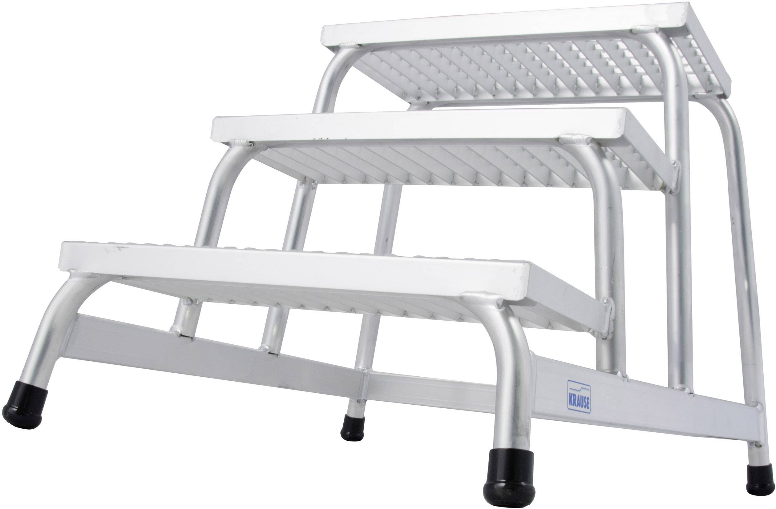 Eine dreistufige silberne Trittleiter, stabil und mit rutschfesten Gummifüßen, geeignet für Innen- und Außenarbeiten.