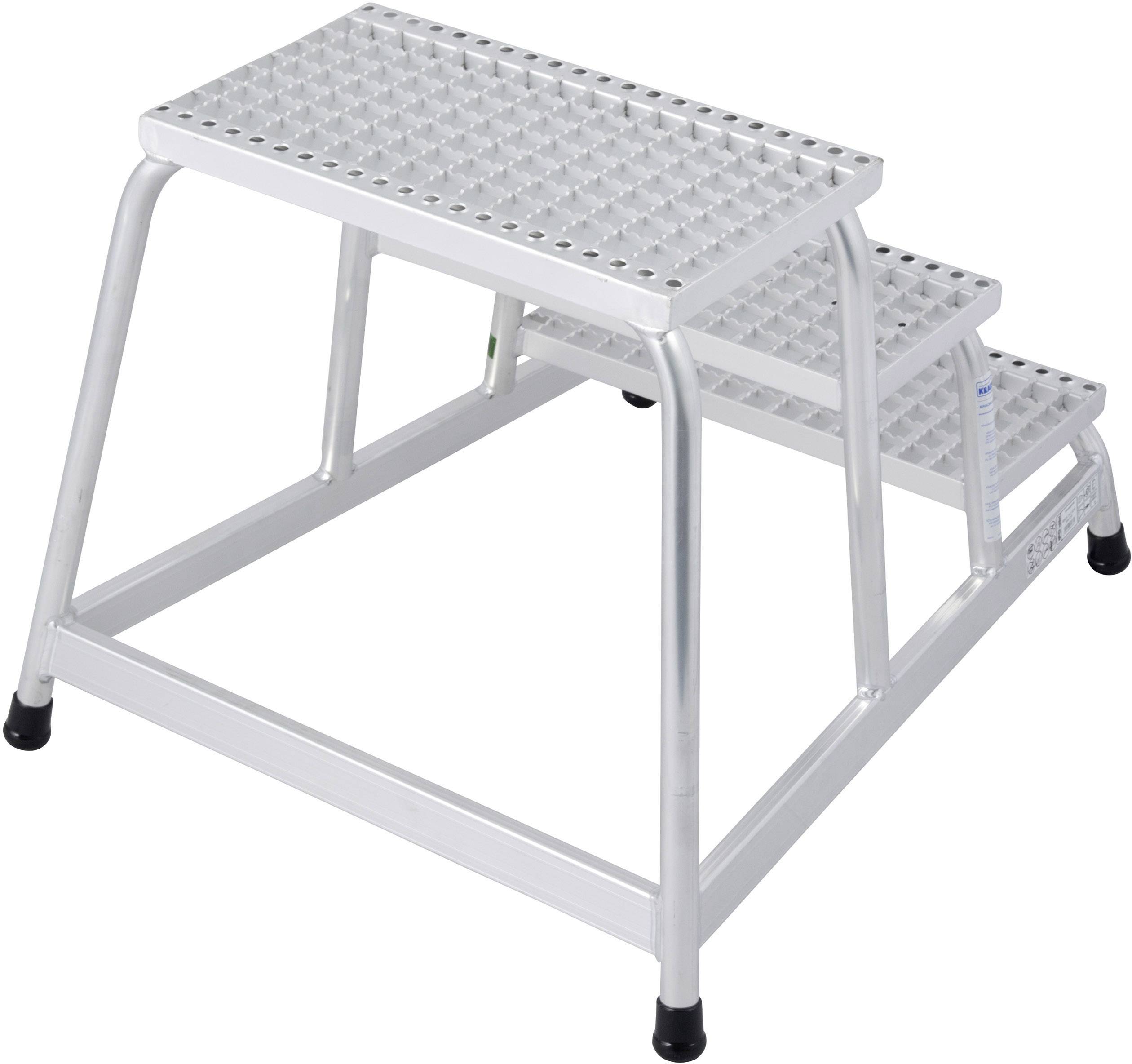 Aluminium-Trittleiter mit zwei Stufen und gummierten Füßen, geeignet für den Innen- und Außenbereich.