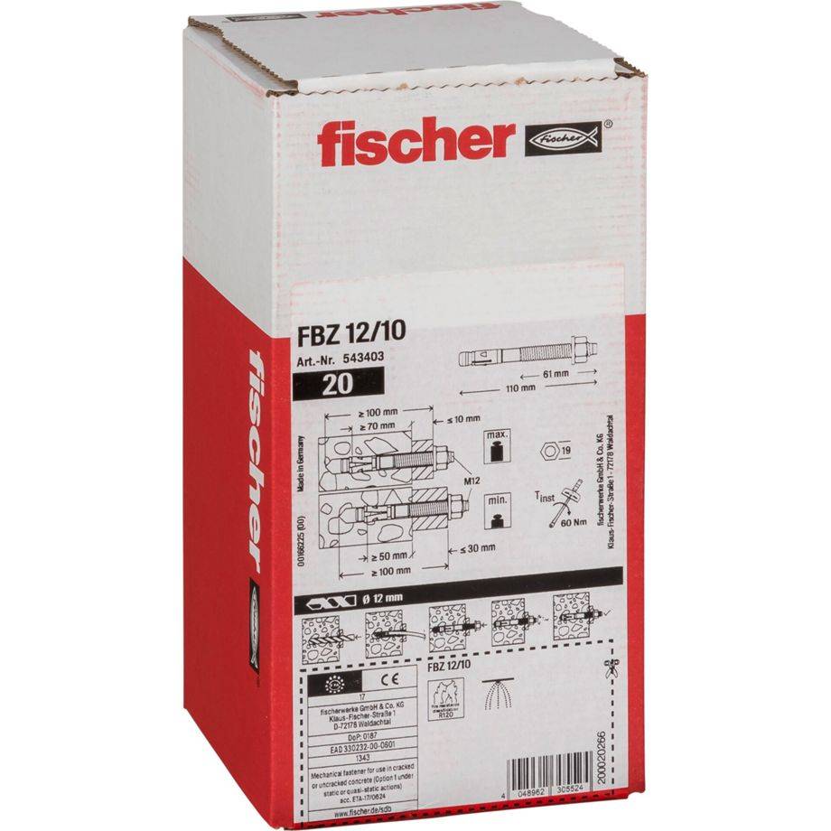 fischer® Bolzenanker - FBZ 12/10 - Stahl galvanisch verzinkt - M 12 x 61 mm - Dübellänge 110 mm - VE 20 Stück - Preis pe-1