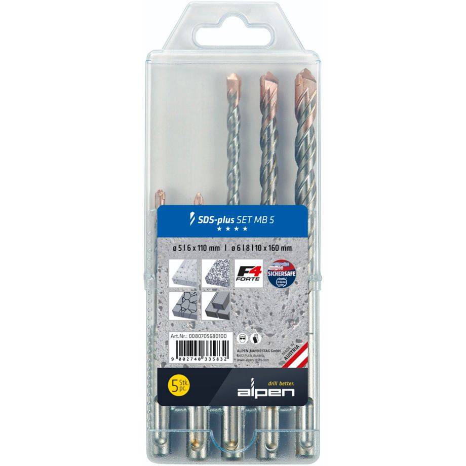 ALPEN-MAYKESTAG 0080705680100 Stahl Beton-Spiralbohrer-Set 5 mm 6 8 10 SDS-Plus 1-0