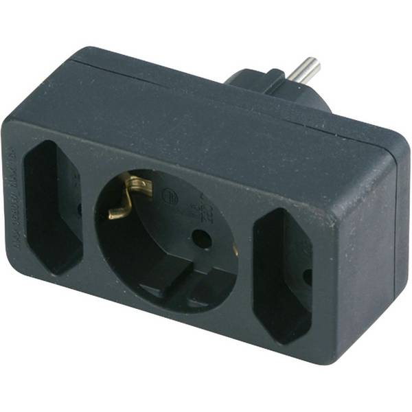 Übergangsstecker 2-fach+ 1 Schutzkontakt schwarz