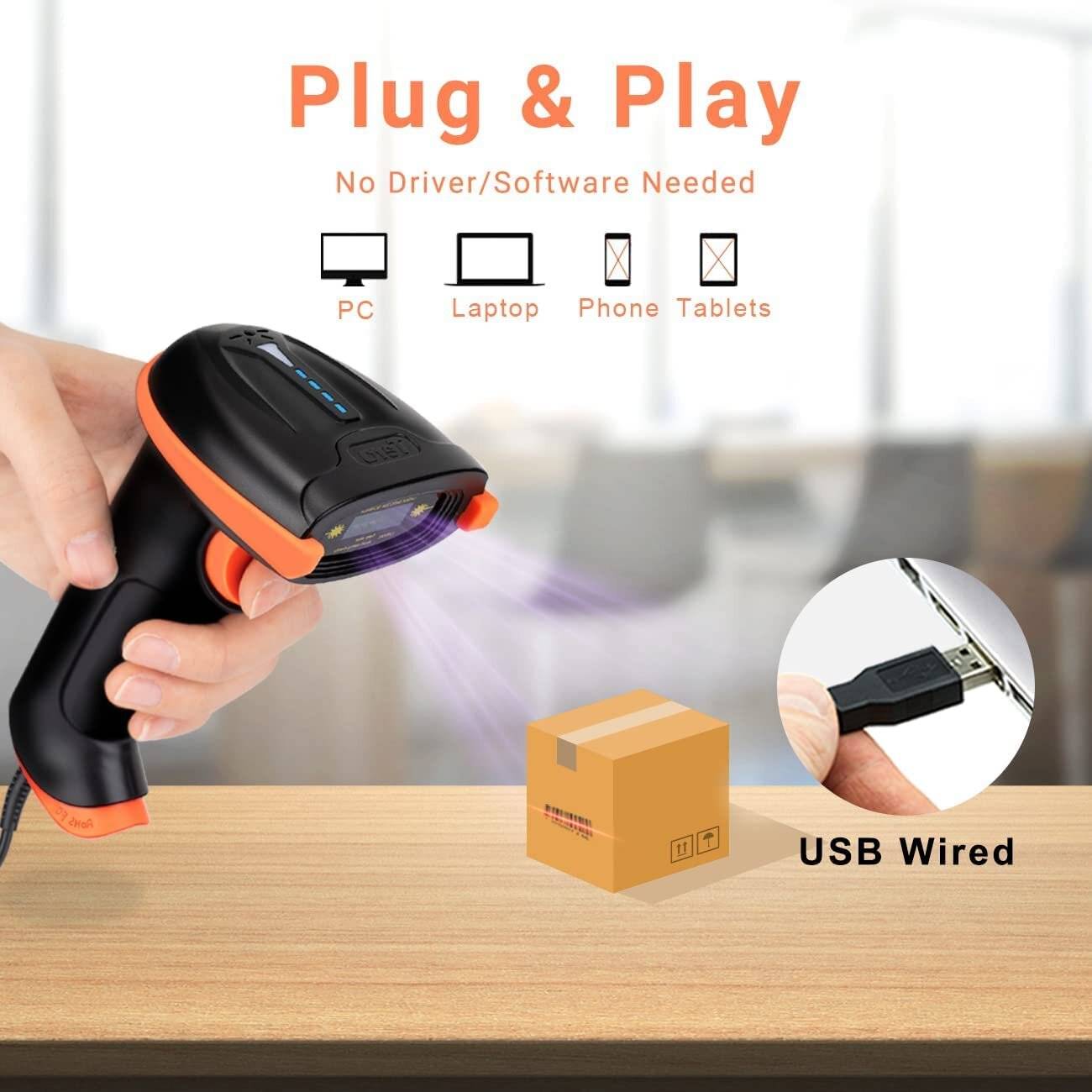 Tera Barcode-Scanner 1D USB Handheld Plug and Play, L5100Y Orange ohne Ständer-2