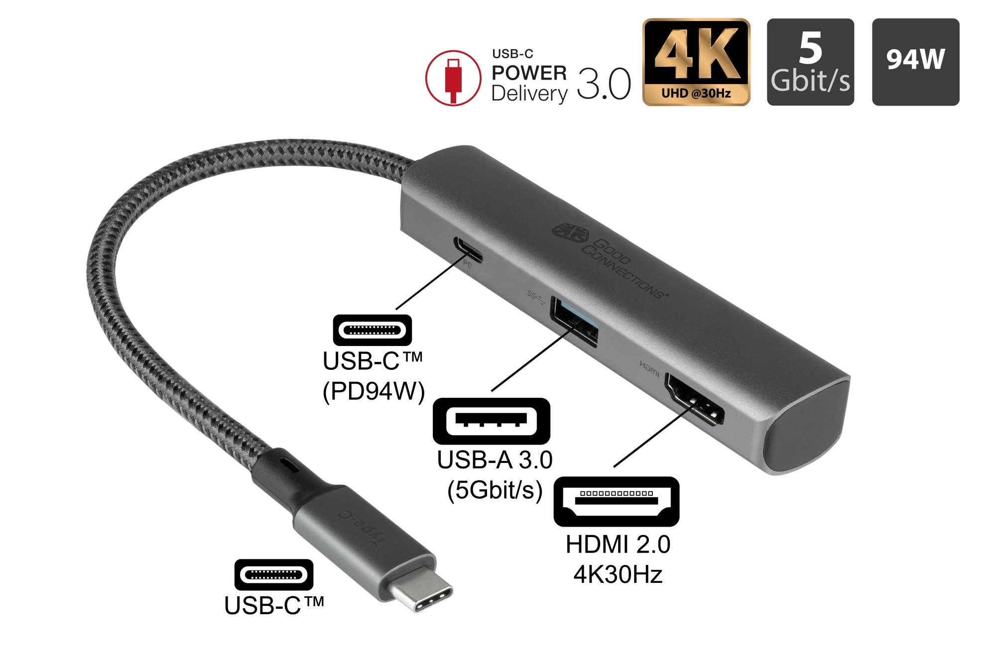 USB-C™-Hub (3-Port), 1x HDMI 2.0, 1x USB-C™ (PD 94W), USB 3.0 A, anthrazit-1
