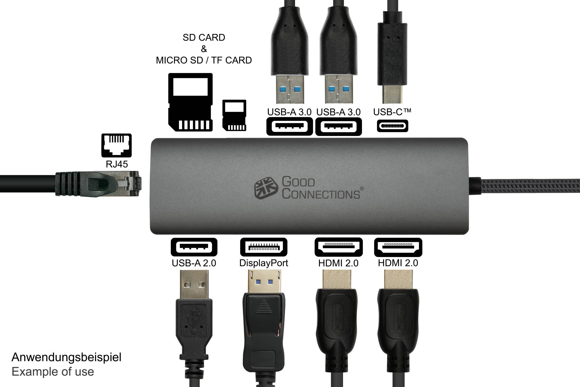 USB-C-Hub(10-Port), 2x HDMI 2.0, 1x DP, 1x USB-C 2x USB 3.0 A, 1x USB 2.0 A, 1x RJ45, 1x Kartenleser-4