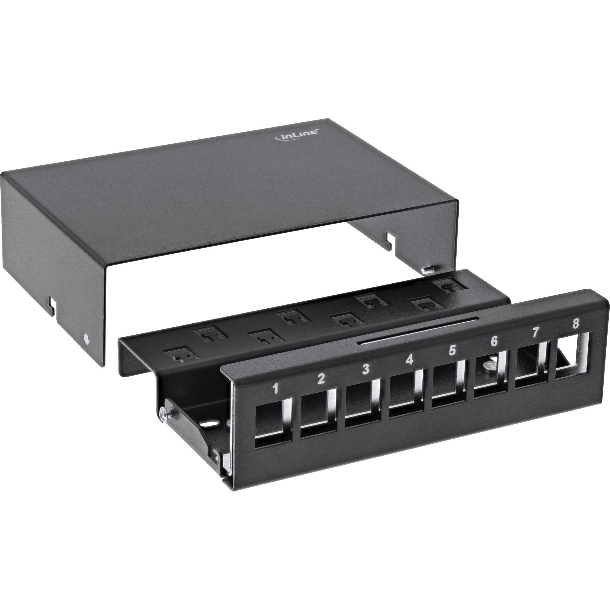 InLine® Patchfeld-Dose Aufputz für 8x Keystone RJ45, Metall, schwarz RAL9005-2