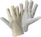 Zwei Paar Arbeitshandschuhe, eine Handfläche aus weißem Leder, die andere Hand aus beige Textilmaterial, auf weißem Hintergrund.