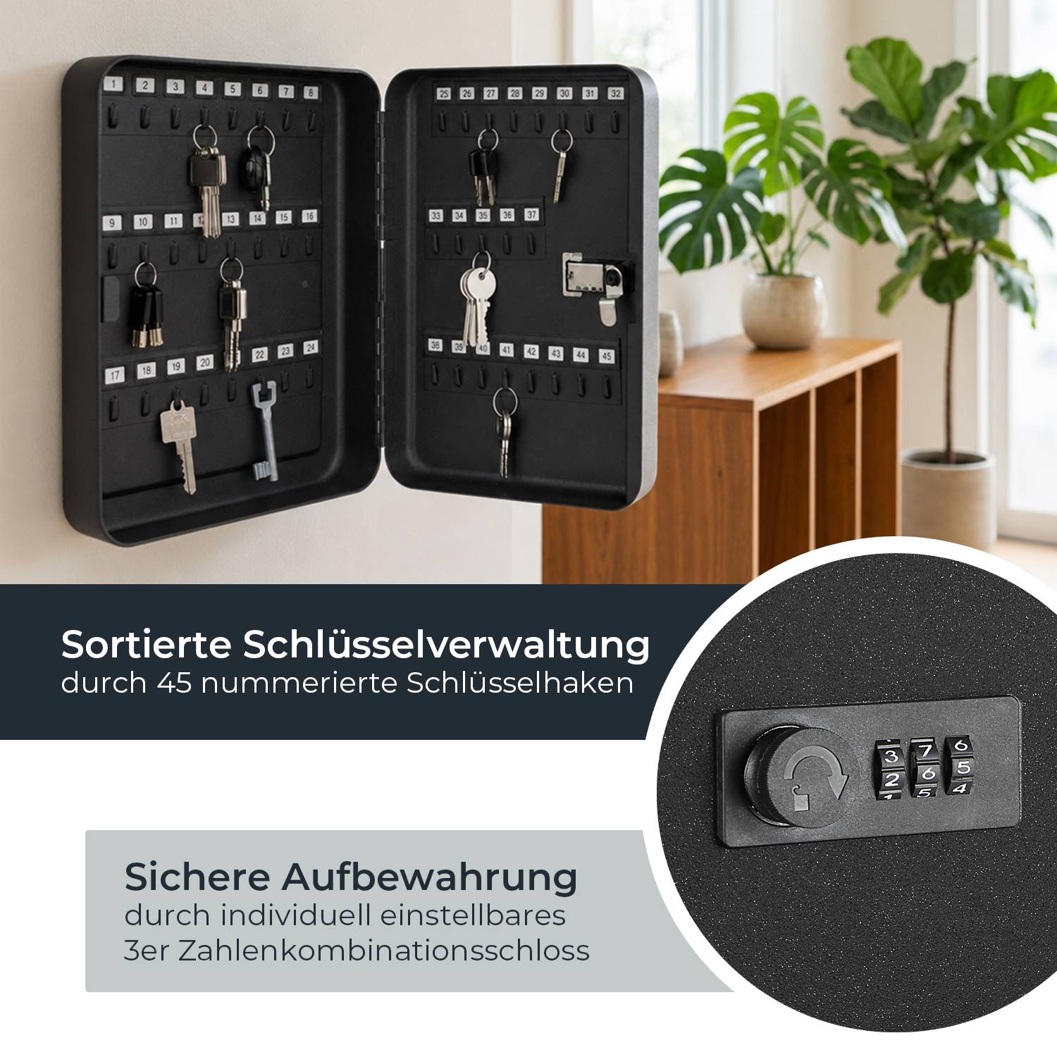 HMF Schlüsselkasten groß, Schlüsselschrank mit Zahlencode für Flur oder Garage, 45 Haken, 30 x 24 x 7,5 cm, Schwarz-0