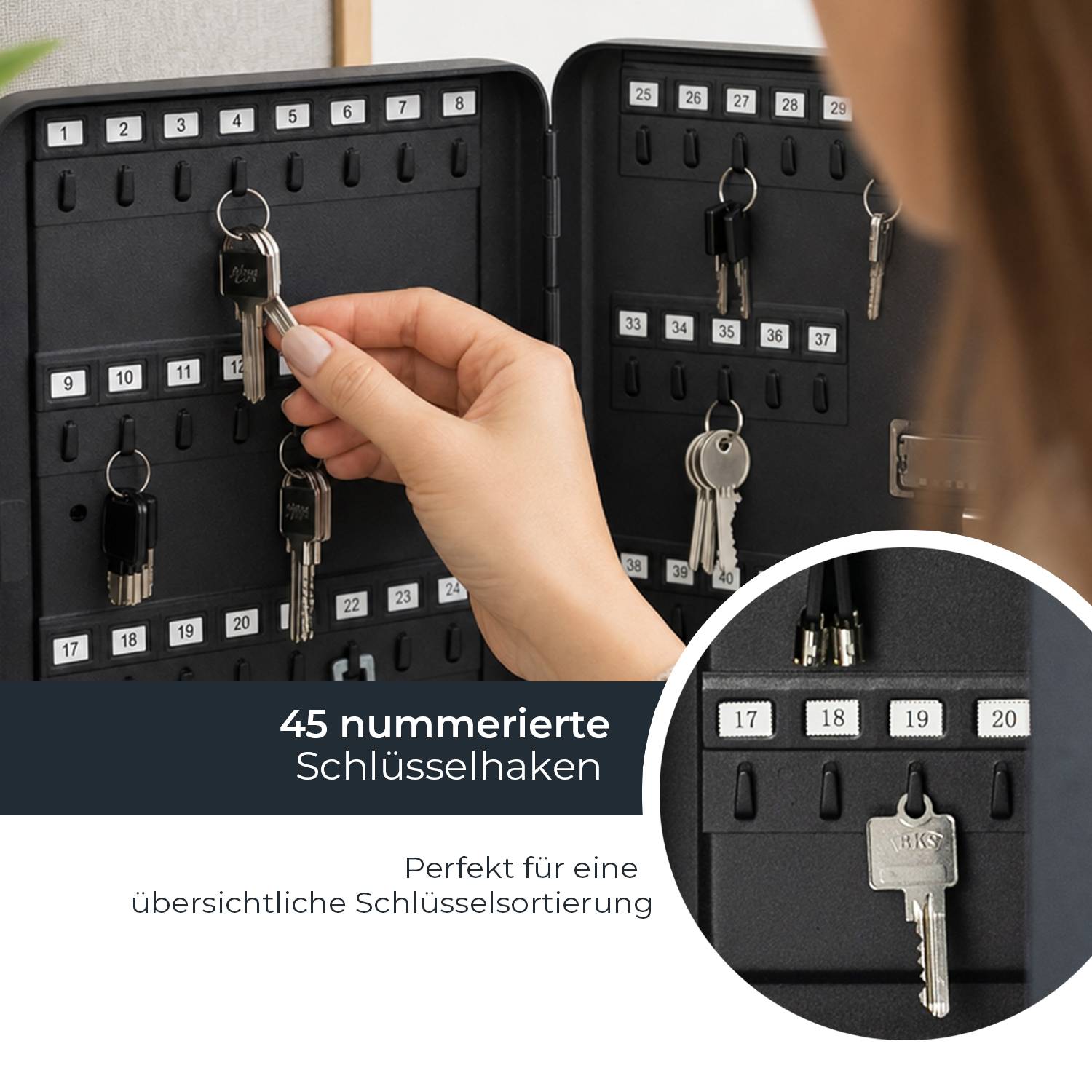 HMF Schlüsselkasten groß, Schlüsselschrank mit Zahlencode für Flur oder Garage, 45 Haken, 30 x 24 x 7,5 cm, Schwarz-1