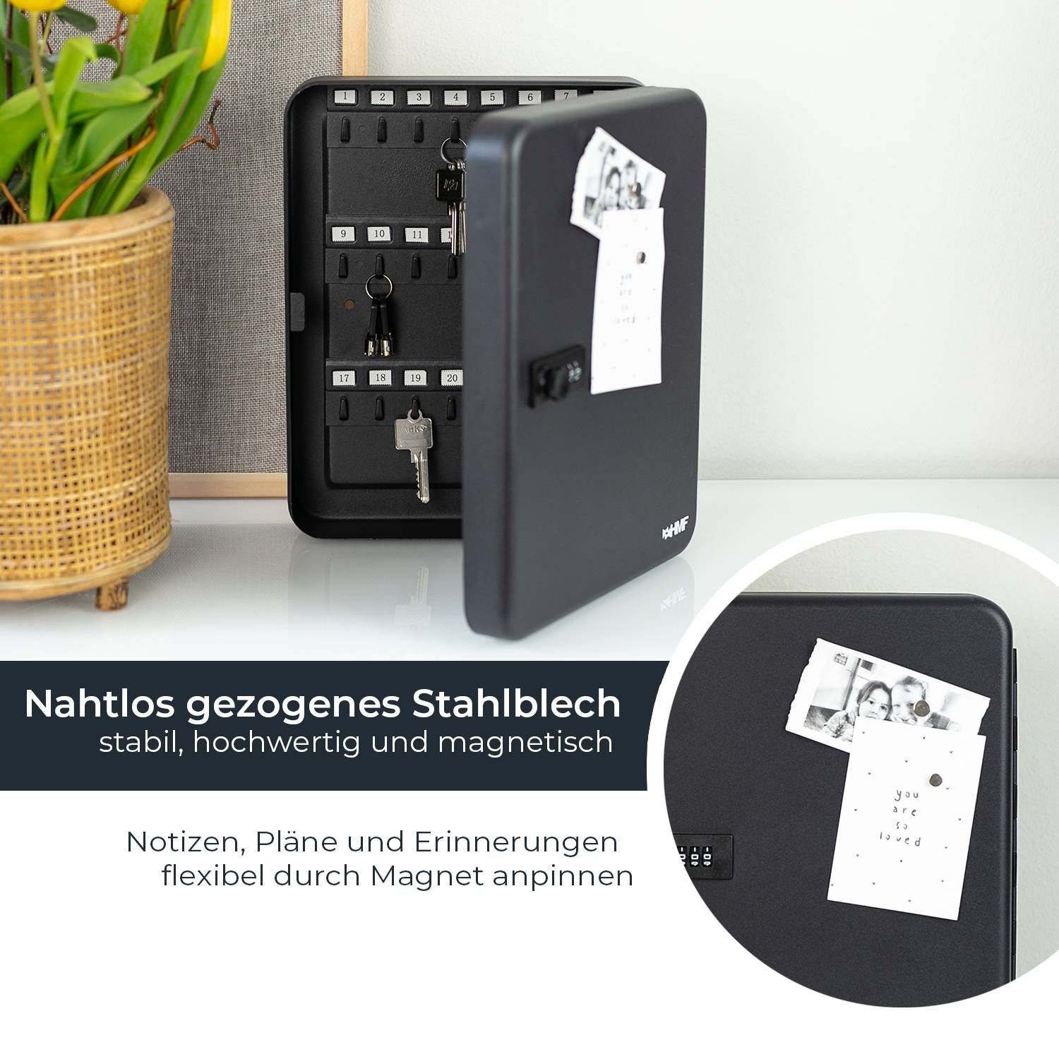 HMF Schlüsselkasten groß, Schlüsselschrank mit Zahlencode für Flur oder Garage, 45 Haken, 30 x 24 x 7,5 cm, Schwarz-2
