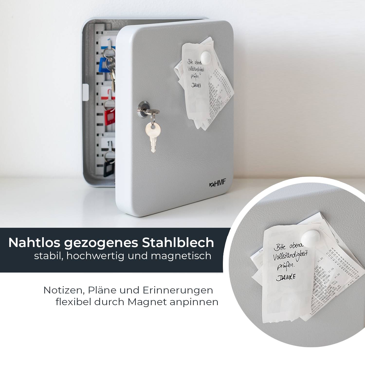 HMF Schlüsselkasten groß aus Stahl, abschließbarer Schlüsselschrank, 30 x 24 x 7,5 cm, Lichtgrau-3