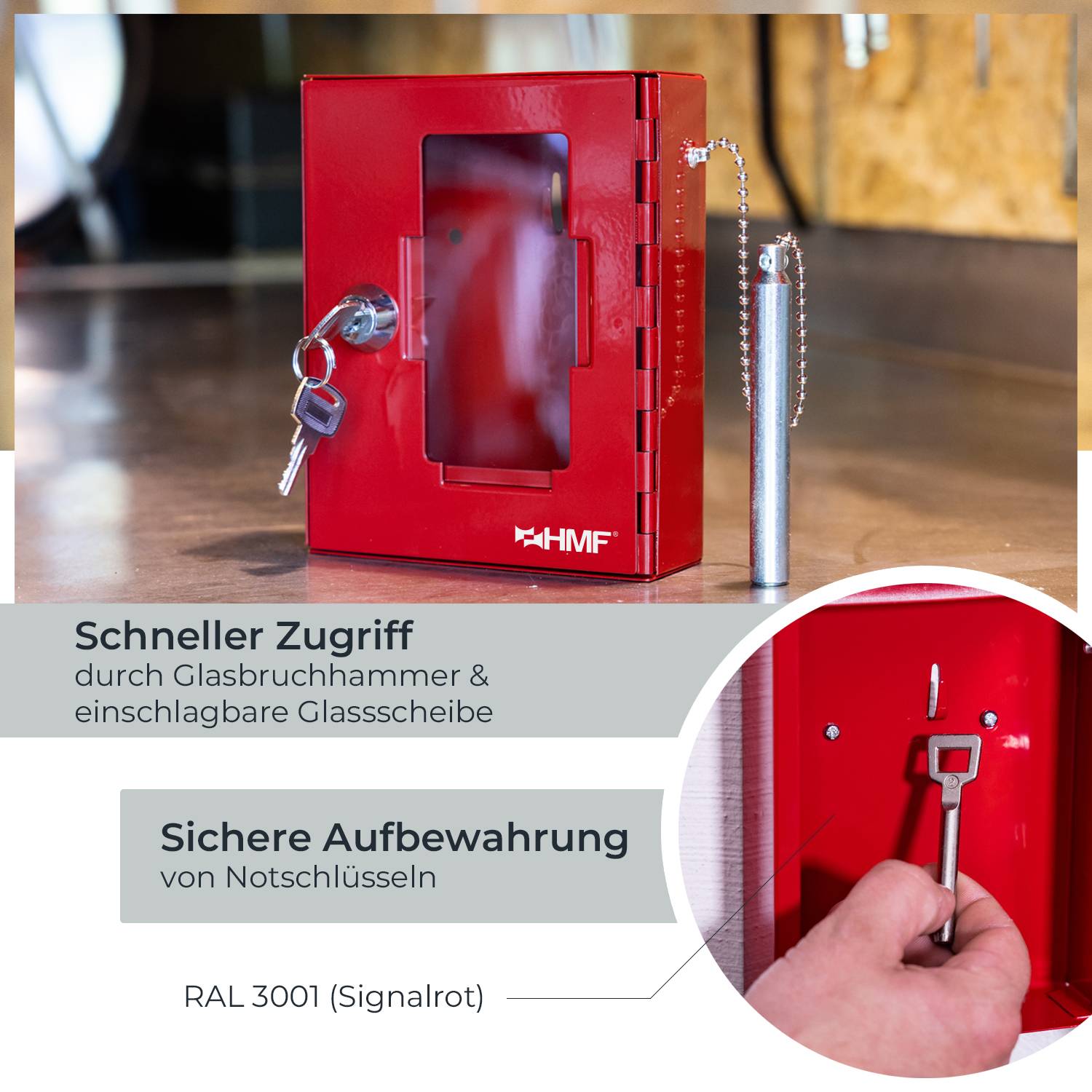 HMF 1021-03 Notschlüsselkasten mit Glasbruchhammer, 15 x 12 x 4 cm , RAL 3001 Signalrot-1
