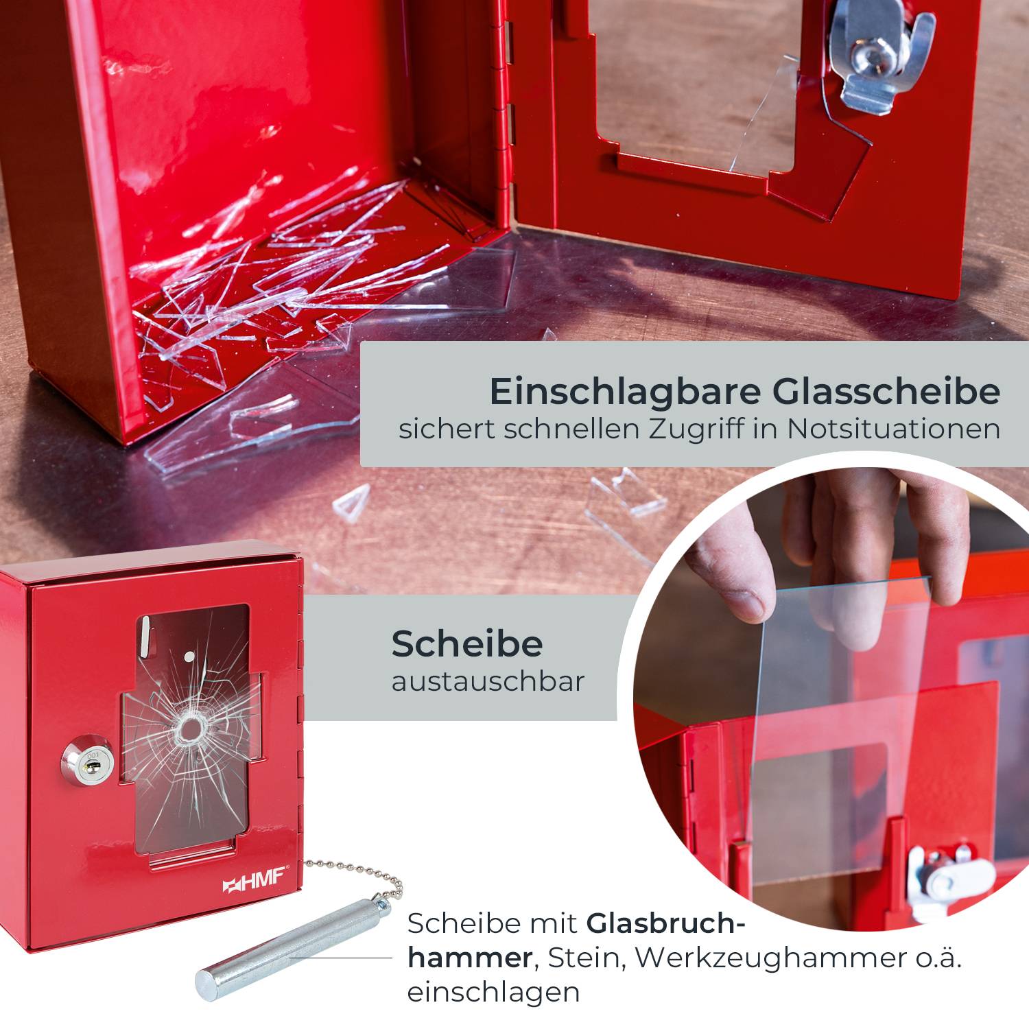 HMF 1021-03 Notschlüsselkasten mit Glasbruchhammer, 15 x 12 x 4 cm , RAL 3001 Signalrot-2
