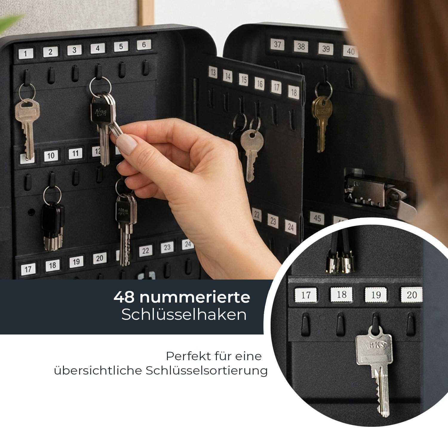 HMF Schlüsselkasten groß, Schlüsselschrank mit Zahlencode für Flur oder Garage, 48 Haken, 25 x 18 x 7 cm, Schwarz-1