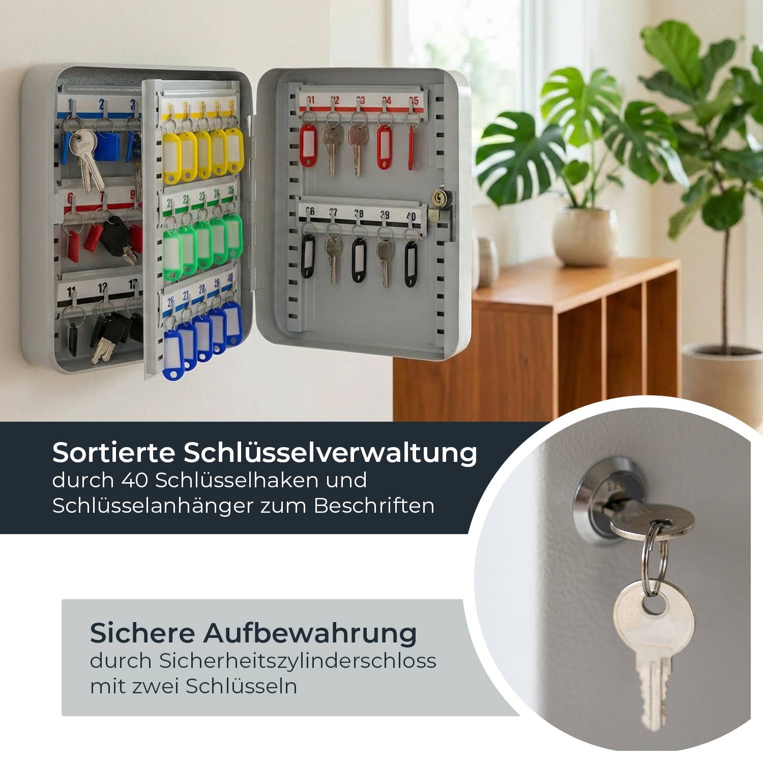 HMF Schlüsselkasten groß aus Stahl, abschließbarer Schlüsselschrank, 40 Schlüsselhaken, 30 x 24 x 7,5 cm, Lichtgrau-1