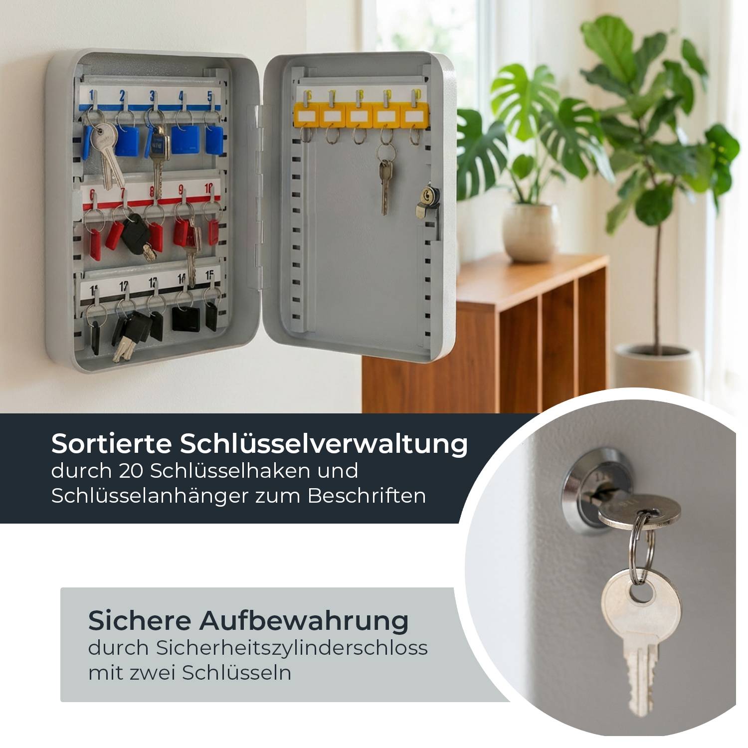 HMF Schlüsselkasten klein aus Stahl, abschließbarer Schlüsselschrank, 20 Schlüsselhaken, 25 x 20 x 7,5 cm, Lichtgrau-1