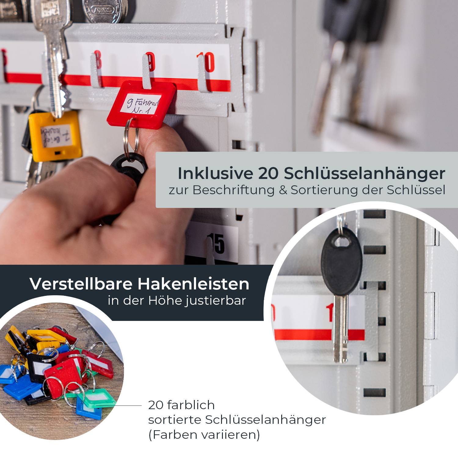 HMF Schlüsselkasten klein aus Stahl, abschließbarer Schlüsselschrank, 20 Schlüsselhaken, 25 x 20 x 7,5 cm, Lichtgrau-2