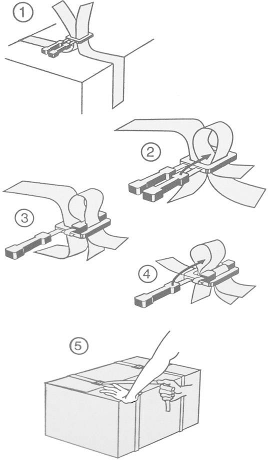 Schritt-für-Schritt-Anleitung zum Binden einer Schleife auf einem Paket: Werkzeuge platziert, Band geführt, Schleife gebildet, gesichert.