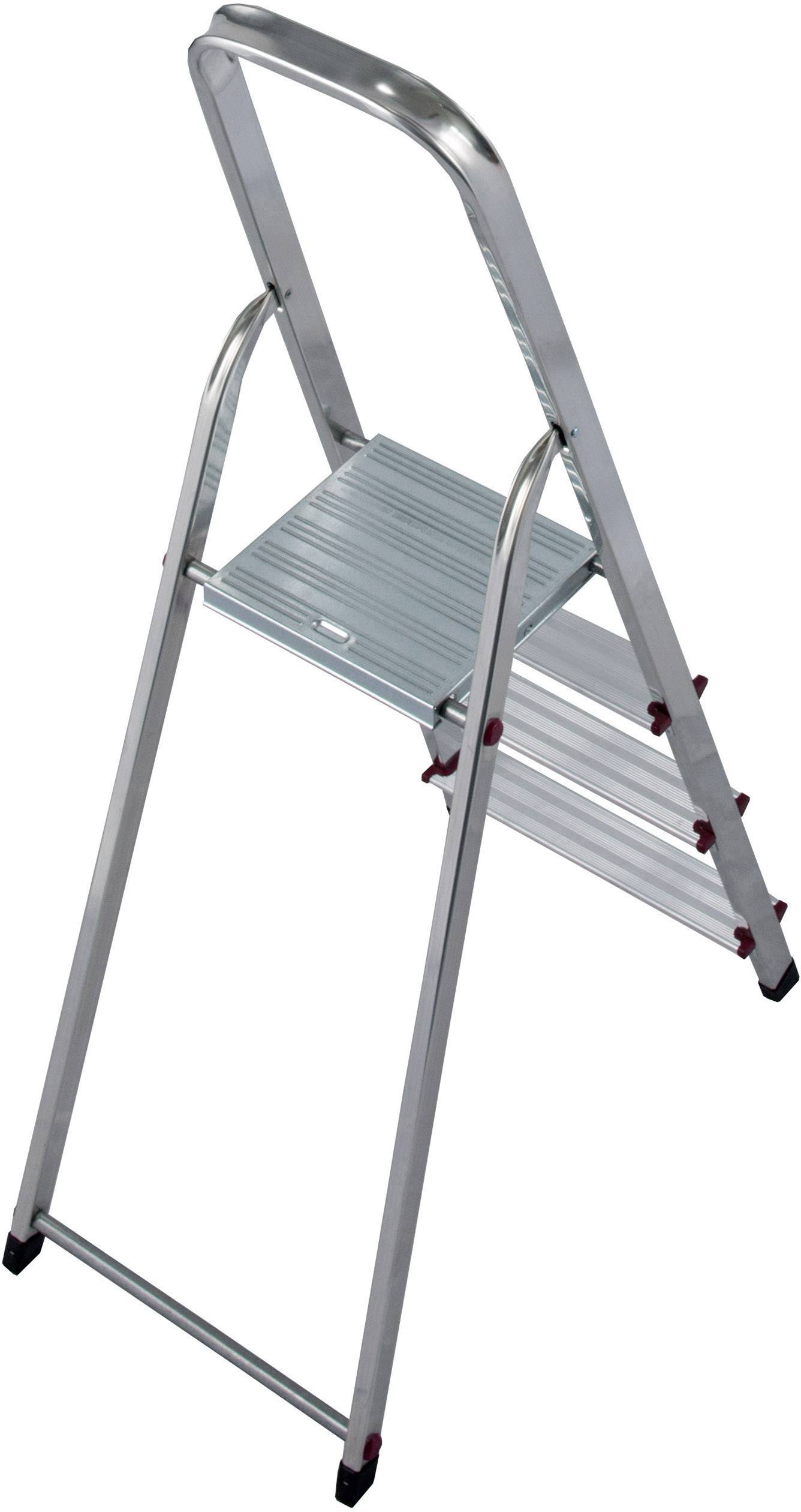 Eine silberne, zweistufige Klappleiter aus Metall steht aufrecht. Sie ist für den Innenbereich geeignet.