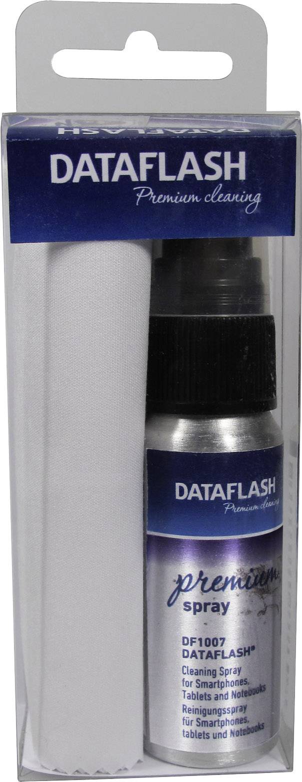 Reinigungsset bestehend aus einem Reinigungsspray und einem weißen Tuch, verpackt in einer Kunststoffbox, mit der Aufschrift 'DATAFLASH'.