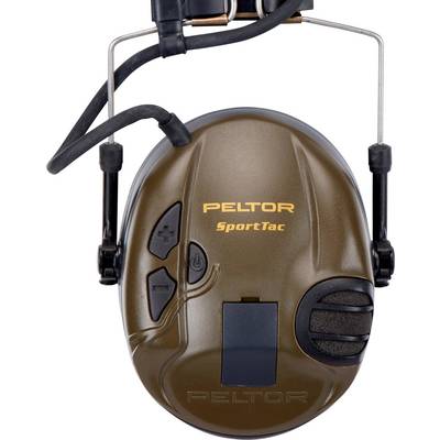Brauner Gehörschutz mit schwarzem Bügel und Bedienelementen. Aufschrift 'Peltor SportTac' auf der Außenseite.