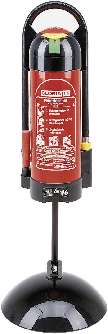 Feuerlöscher im Ständer, rot, mit Sicherheitsanweisungen und Symbolen auf dem Etikett. Geeignet für Notfälle in Haushalten oder Büros.