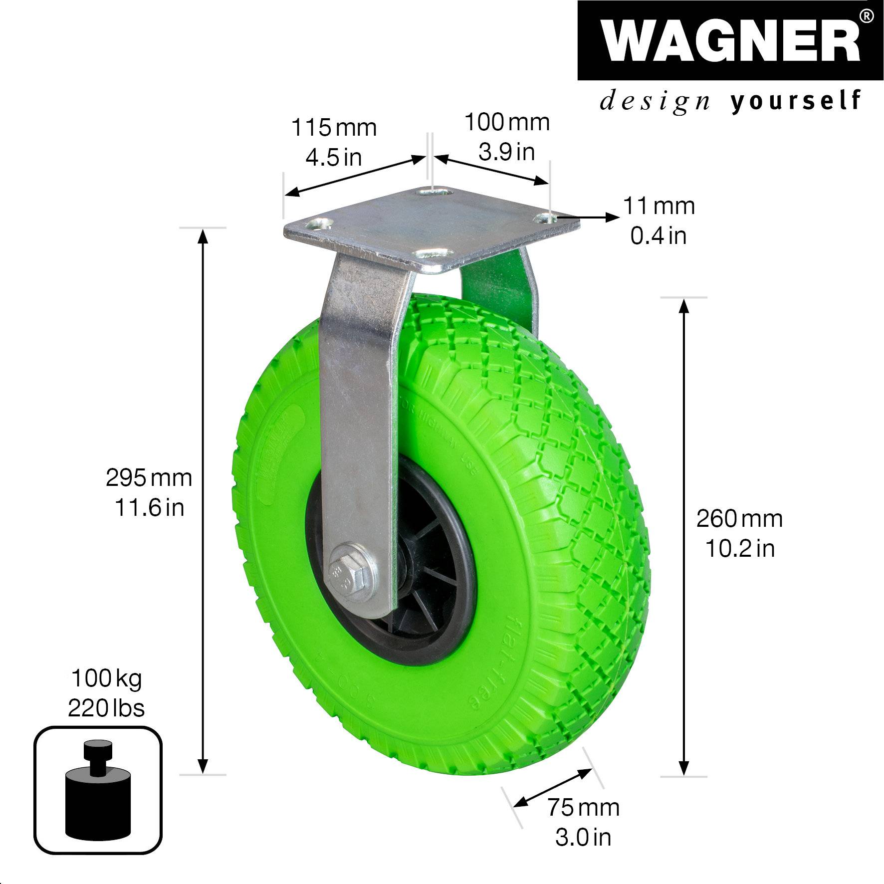 WAGNER Bockrolle PANNENSICHER - PU geschäumtes Rad Ø 260 mm, Felge 75 mm, Platte 115 x 110 mm, Tragkraft 100 kg-04726601-1