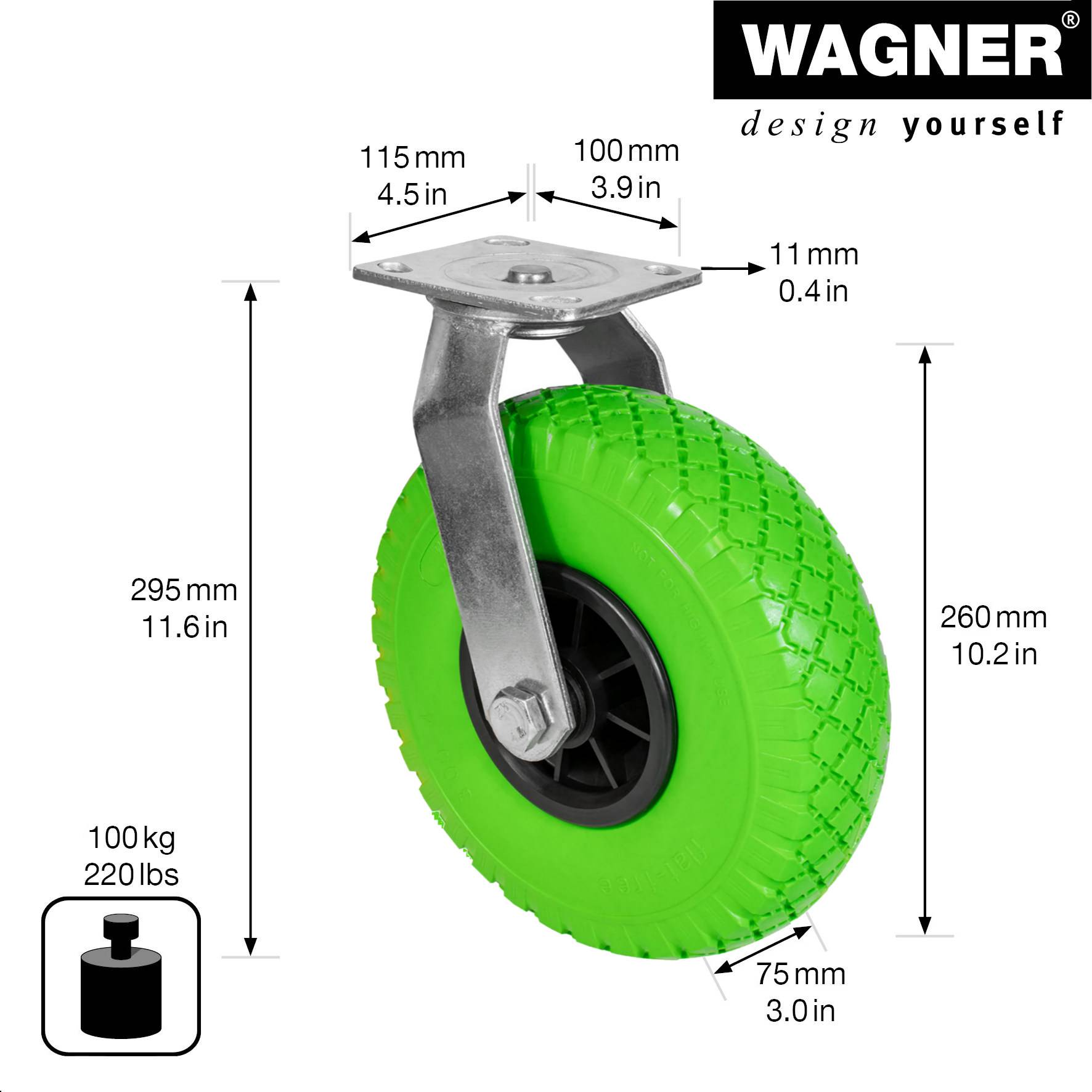 WAGNER Lenkrolle PANNENSICHER - PU geschäumtes Rad Ø 260 mm, Felge 75 mm, Platte 115 x 110 mm, Tragkraft 100 kg-04826601-1