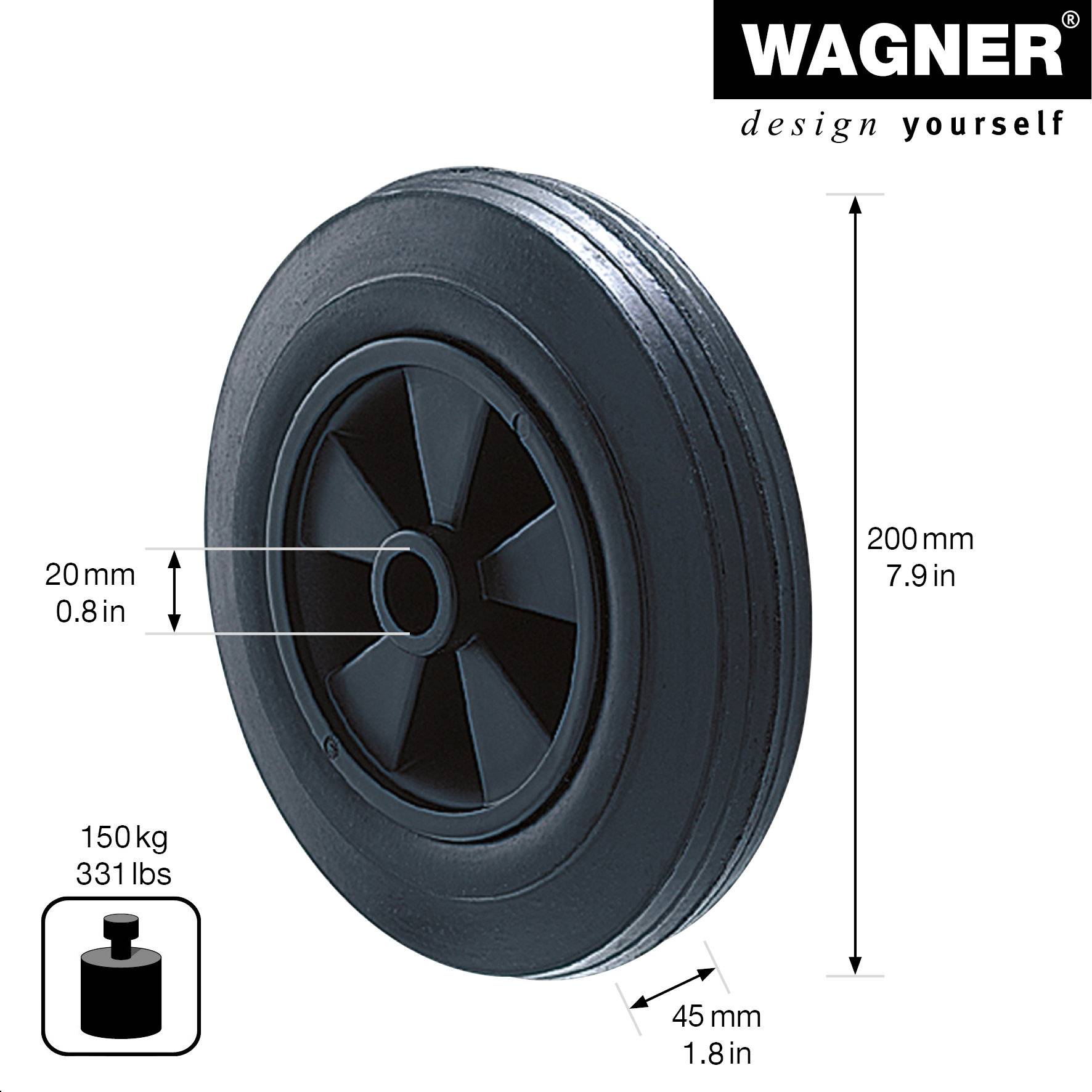 WAGNER Vollscheibenrad - Durchmesser Ø 200 x 45 mm, Achsloch Ø 20 mm, Kunststoff, schwarz, Tragkraft 150 kg - 03820001-1