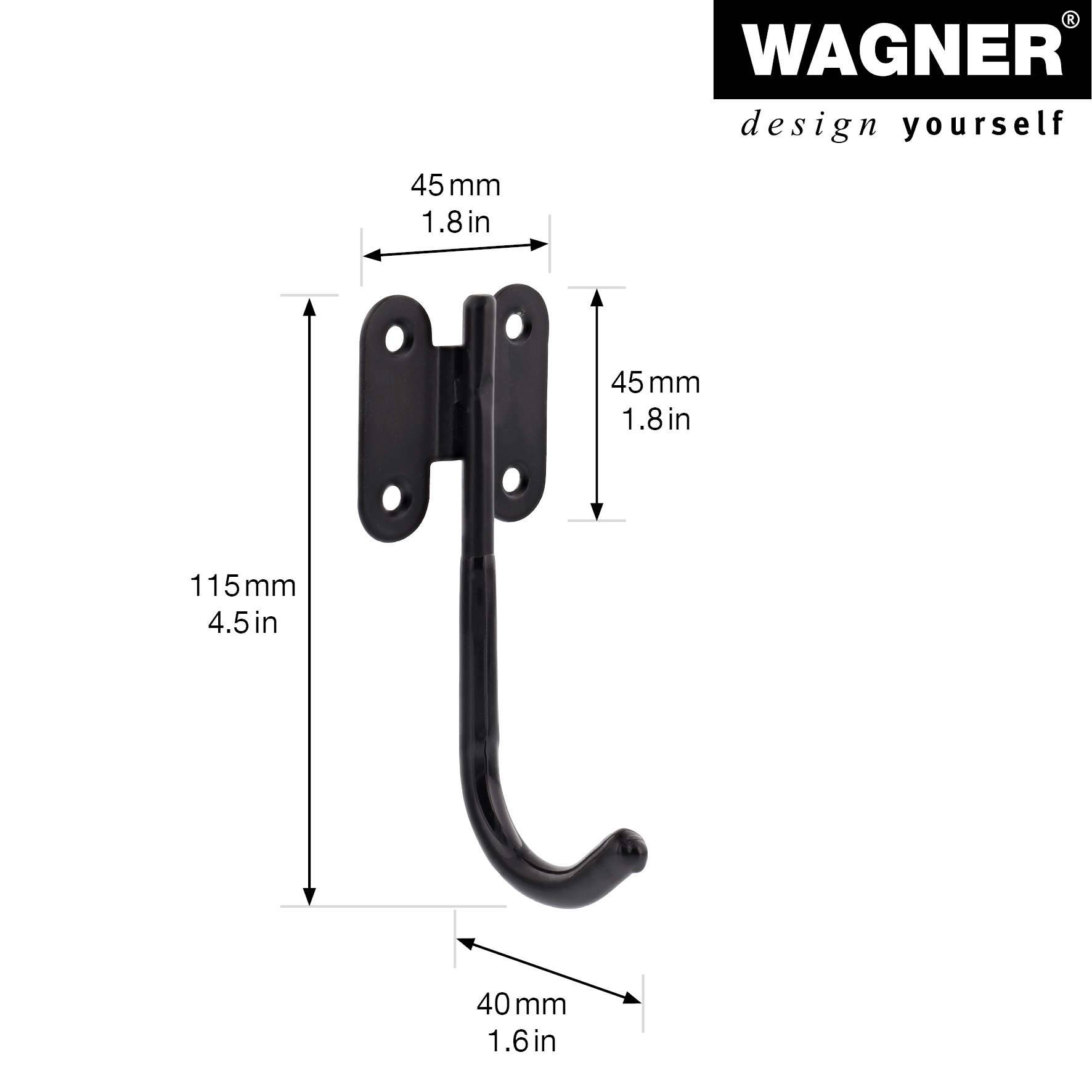 WAGNER hooks4tools Wandhaken SINGLE BIG - 114 x 45 x 45 mm, Stahl beschichtet schwarz - 15209001-1