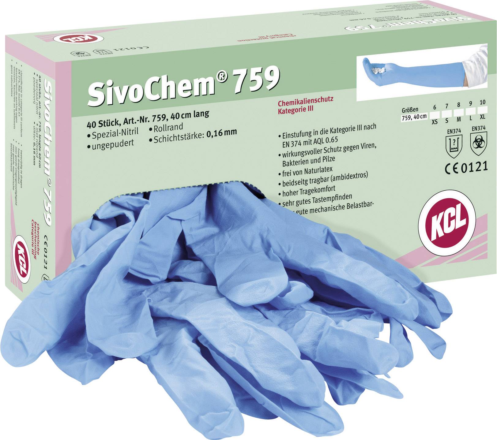 Schachtel mit blauen Einweghandschuhen, 40 cm lang, Größe 9. Chemikalienschutz, Nitril, ungepudert. Marke: KCL, Modell: SivoChem 759.