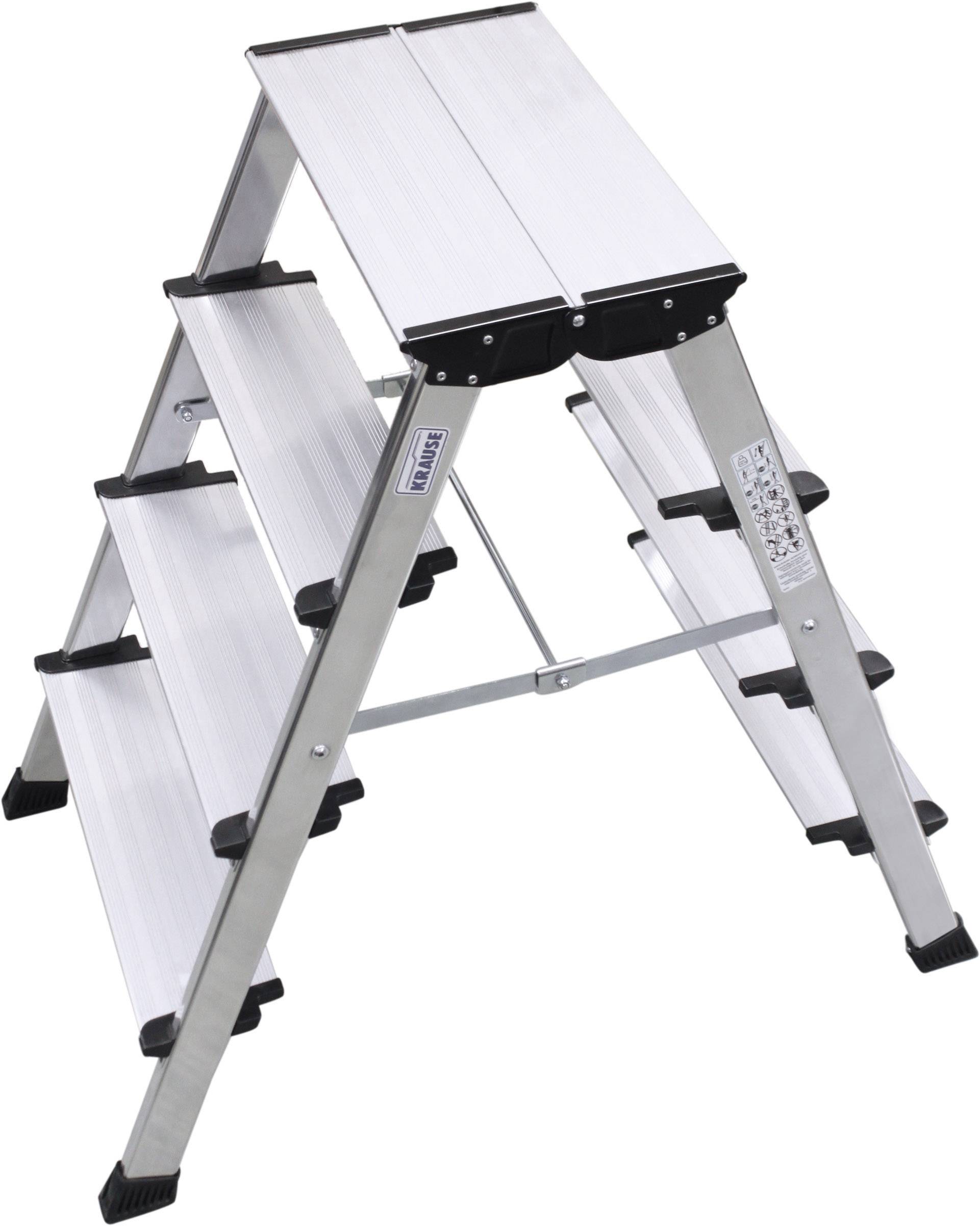 Klappbare Aluminium-Trittleiter mit drei Stufen auf jeder Seite, ideal für den Einsatz in Innenräumen für höhere Reichweite.
