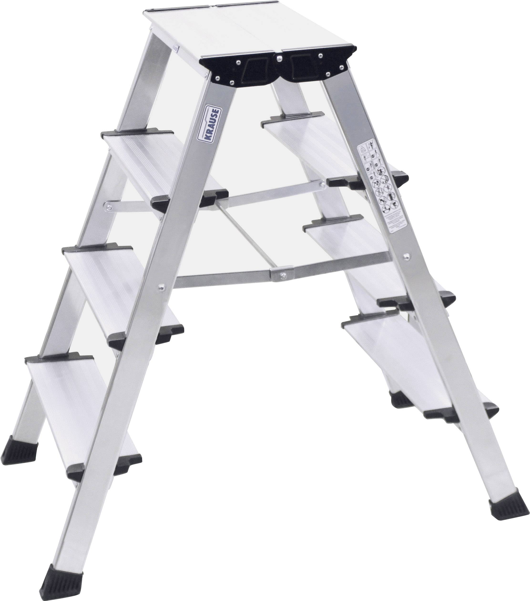 Eine silberne Klapptrittleiter aus Metall mit vier Stufen auf jeder Seite und rutschfesten schwarzen Füßen.