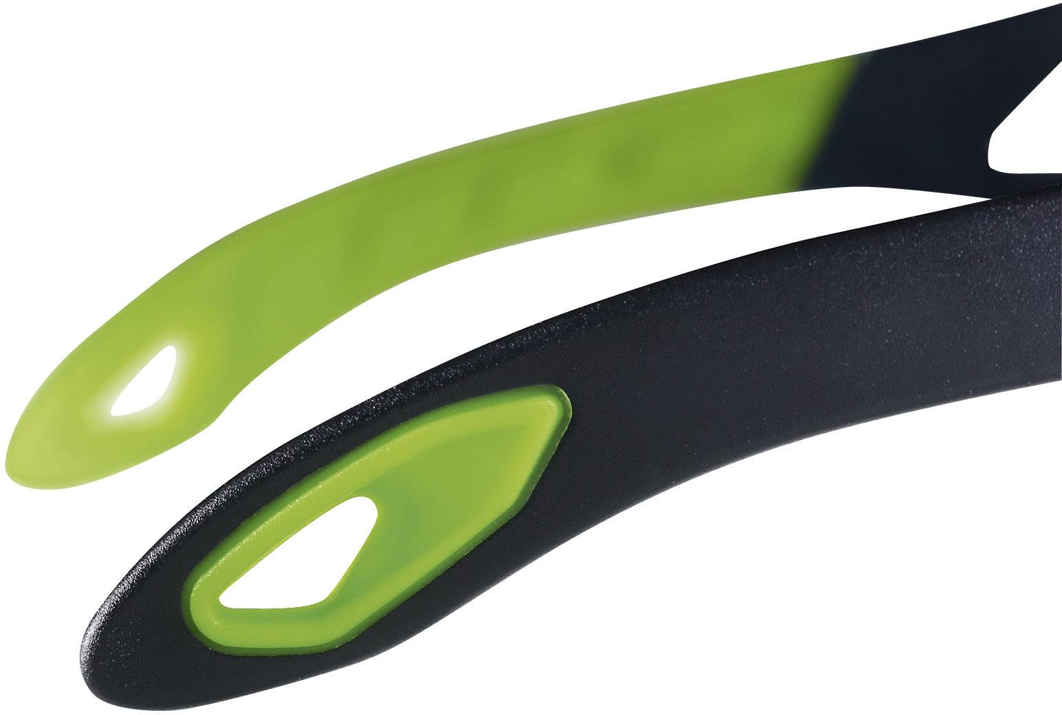 Zwei bunte Kunststoffgriffe in Grün und Schwarz mit ergonomisch geformten Öffnungen, nebeneinander angeordnet.