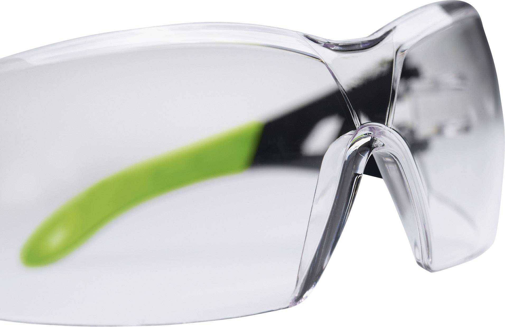 Eine klare Schutzbrille mit grünem Bügel im Hintergrund. Geeignet für Augenschutz bei industriellen oder handwerklichen Arbeiten.